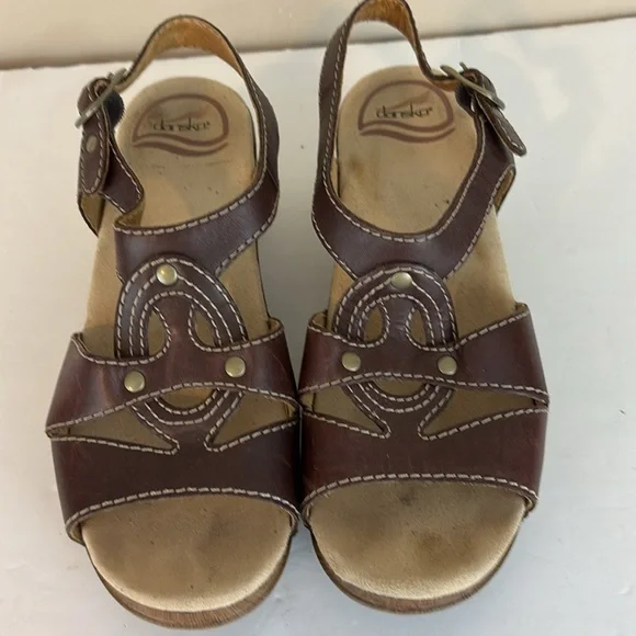 Dansko Sigrid Brown Leather Wedge Sandals Back Strap Size 36 - Picture 2 of 16